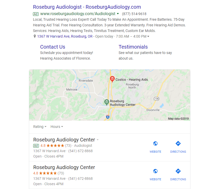 A screenshot of Roseburg Audiology's Google listing.