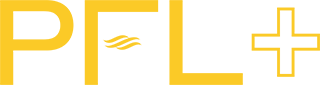 The letter/characters "PFL+" displayed in a golden yellow san serif font with the three Audigy waves making up the lower arm of the "F."