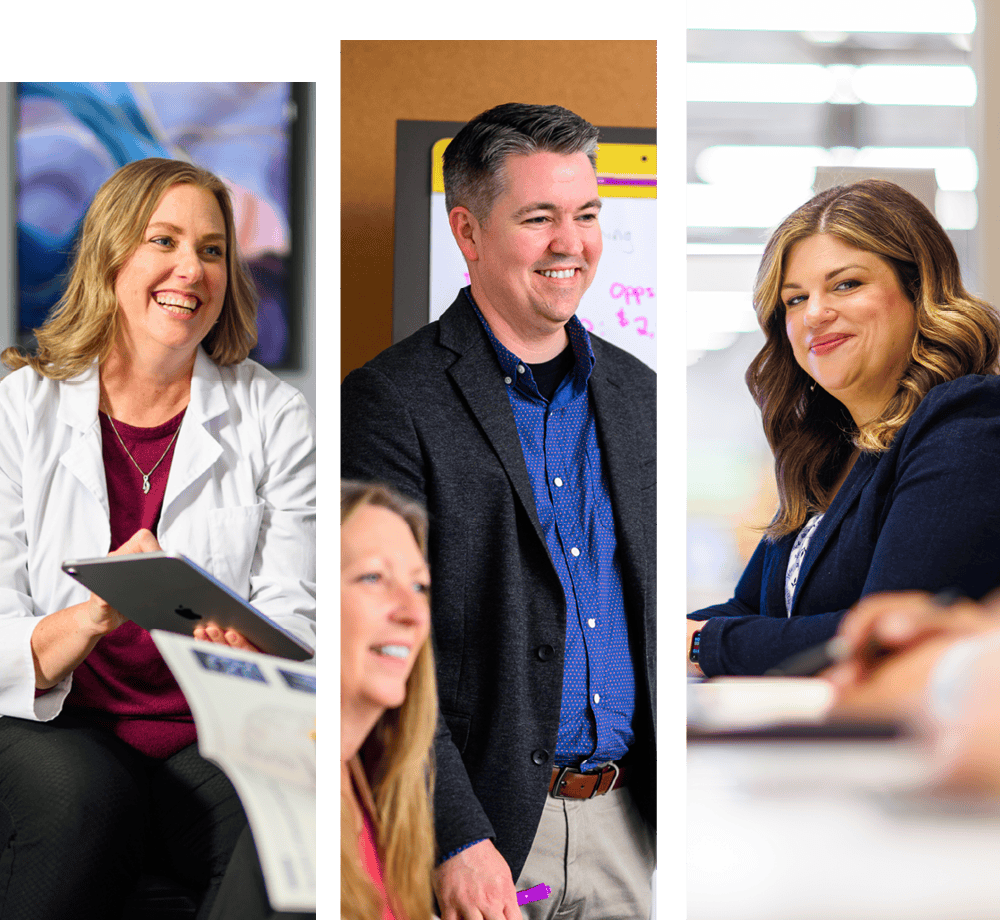 Three panels containing pictures of different smiling healthcare and administrative professionals