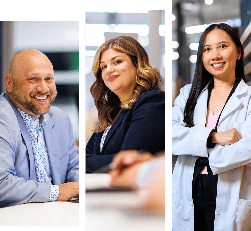 Three panels containing pictures of different smiling healthcare and administrative professionals