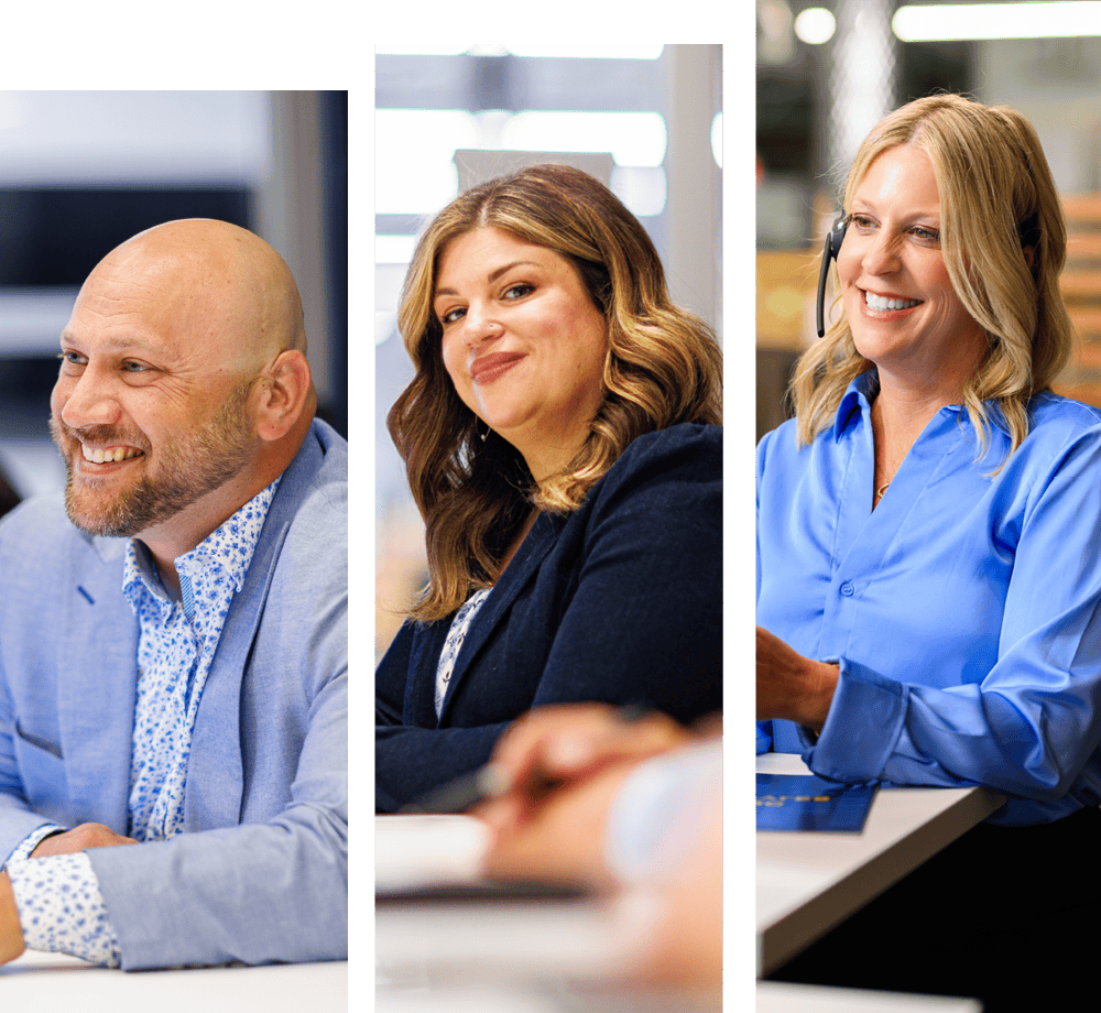 Three panels containing pictures of different smiling healthcare and administrative professionals