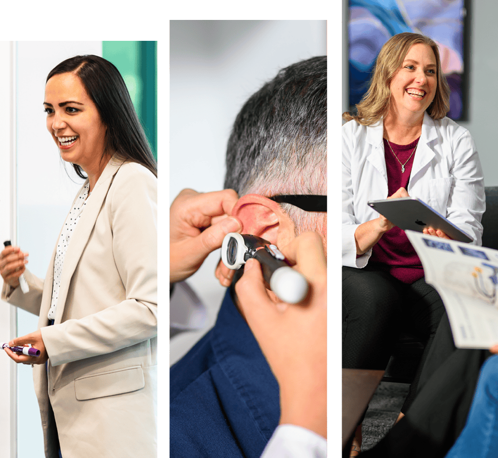 Three panels containing pictures of different smiling healthcare and administrative professionals