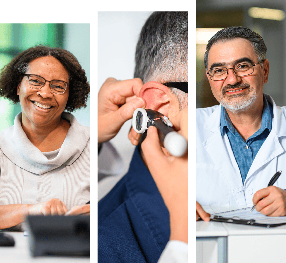 Three panels containing pictures of different smiling healthcare and administrative professionals and a pair of hands holding an otoscope looking in a male patient's ear.