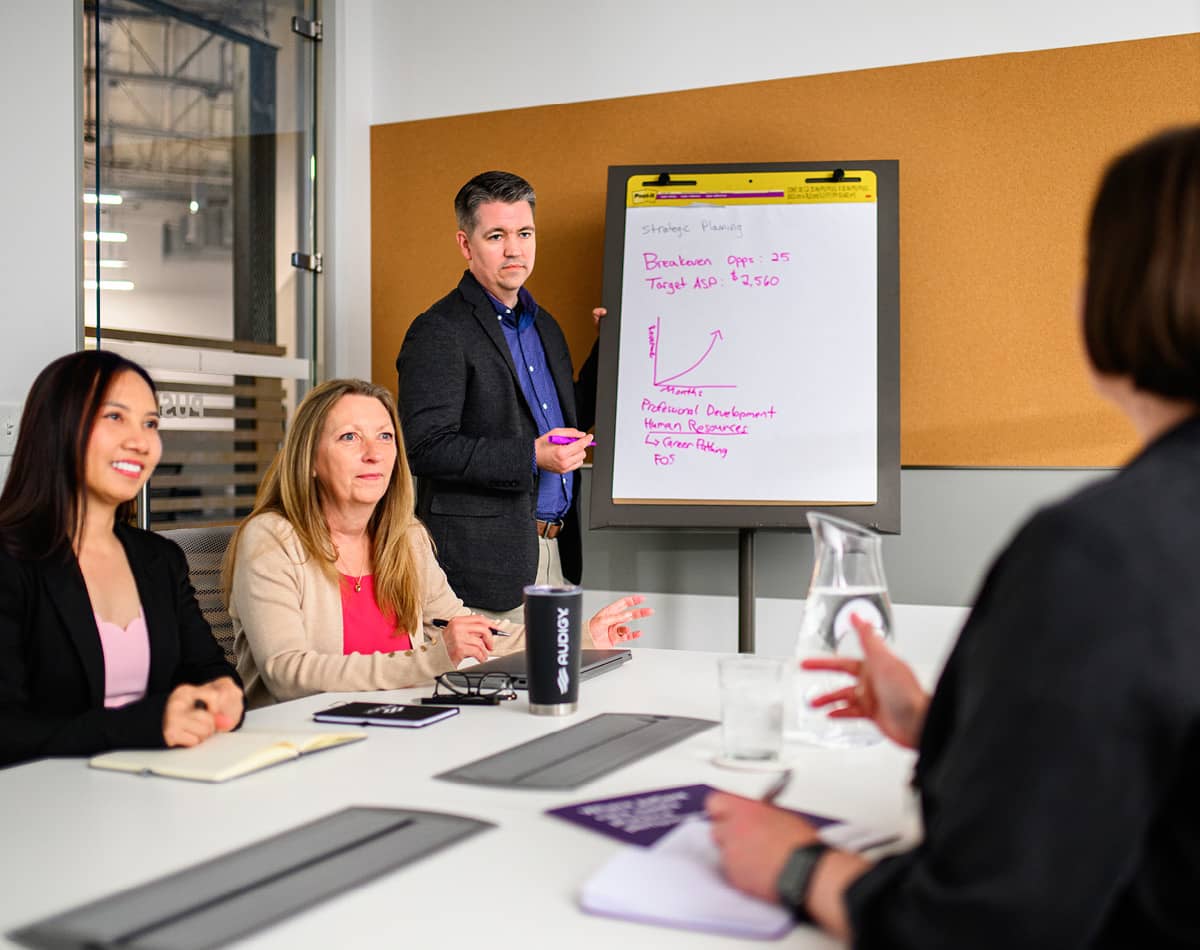 Three professionals presenting to a client