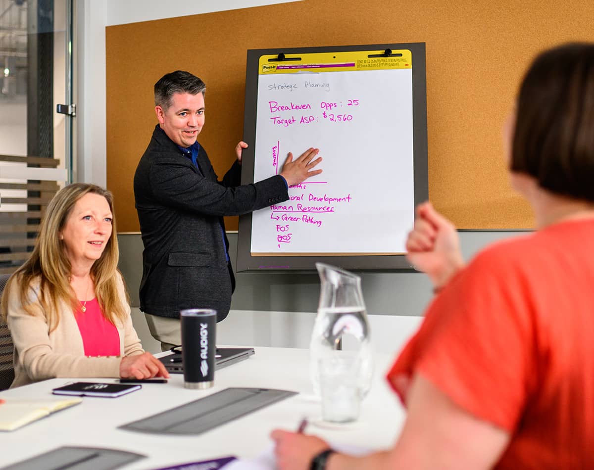 Three professionals speaking to a client