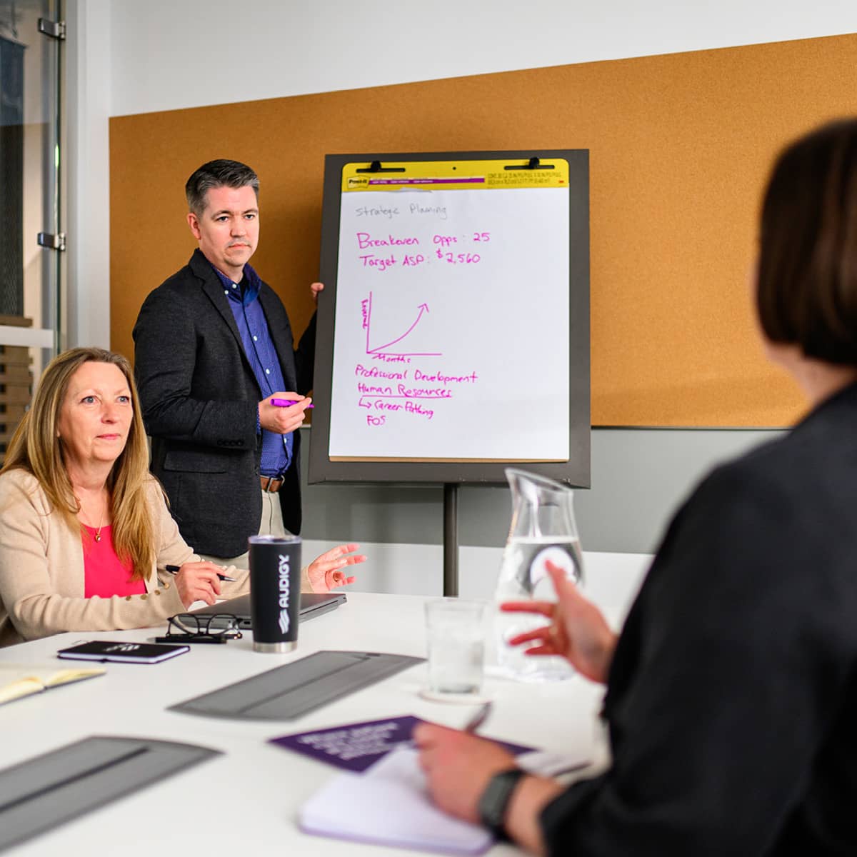 Three professionals presenting to a client