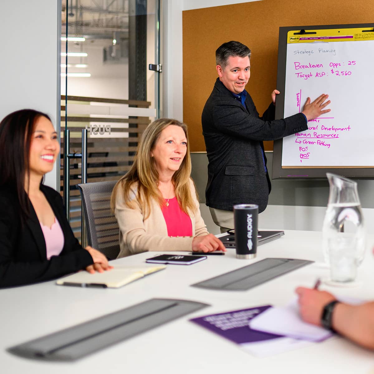 Three professionals presenting to a client