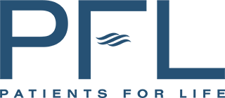 The letters "PFL" and "Patients for Life" displayed in a golden blue san serif font with the three Audigy waves making up the lower arm of the large "F" in "PFL."