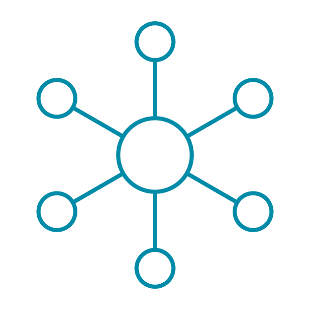 A six pointed star shape with circles representing networking